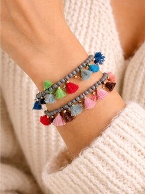 Colorful Tassel Beaded Bracelets Set Boho Stack Stretch 2PC